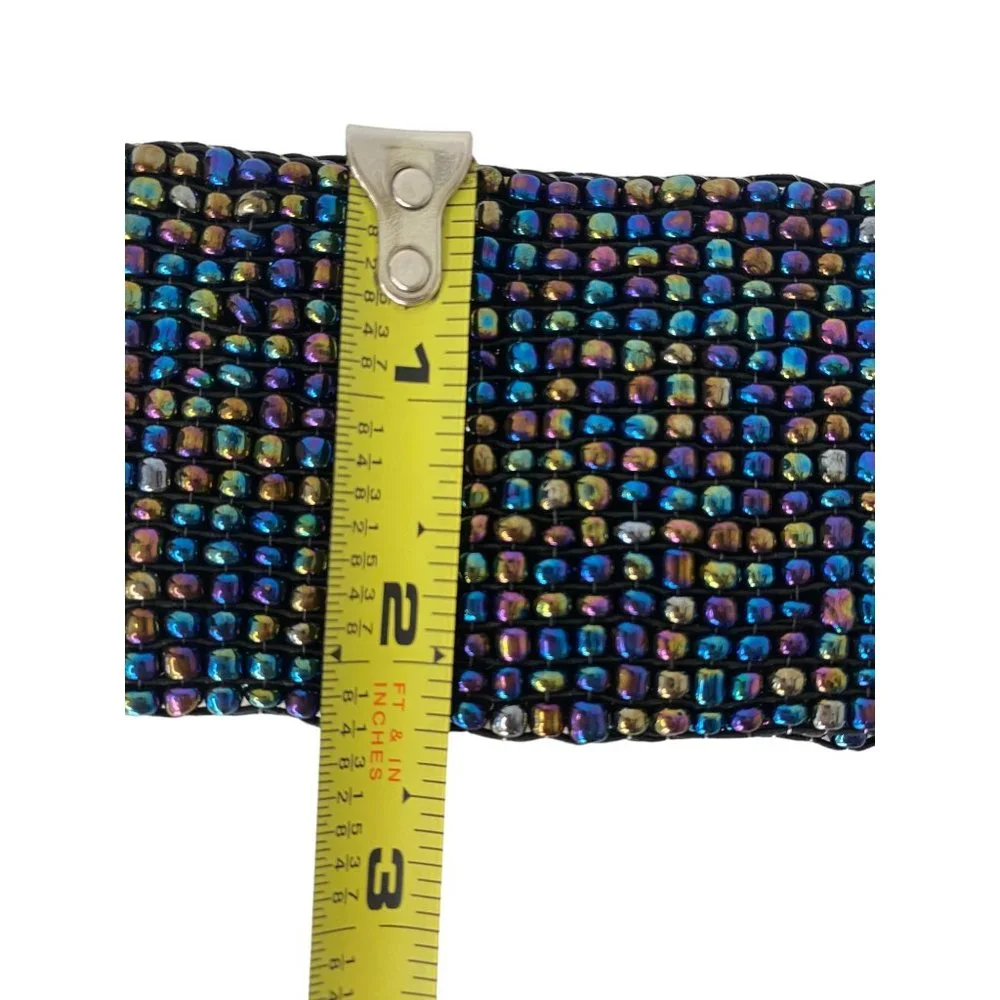 Handmade seed beaded belt stretchy multicolor inlaid‎ wood floral 2.5